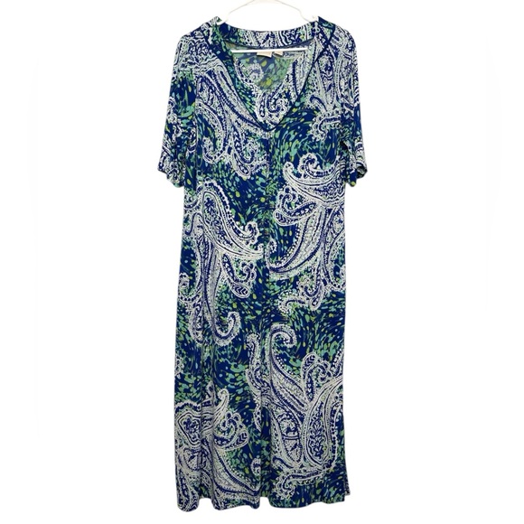 Chico's Dresses & Skirts - Chico's Blue & Green Paisley V-Neck Short Sleeve Midi Dress Size 2